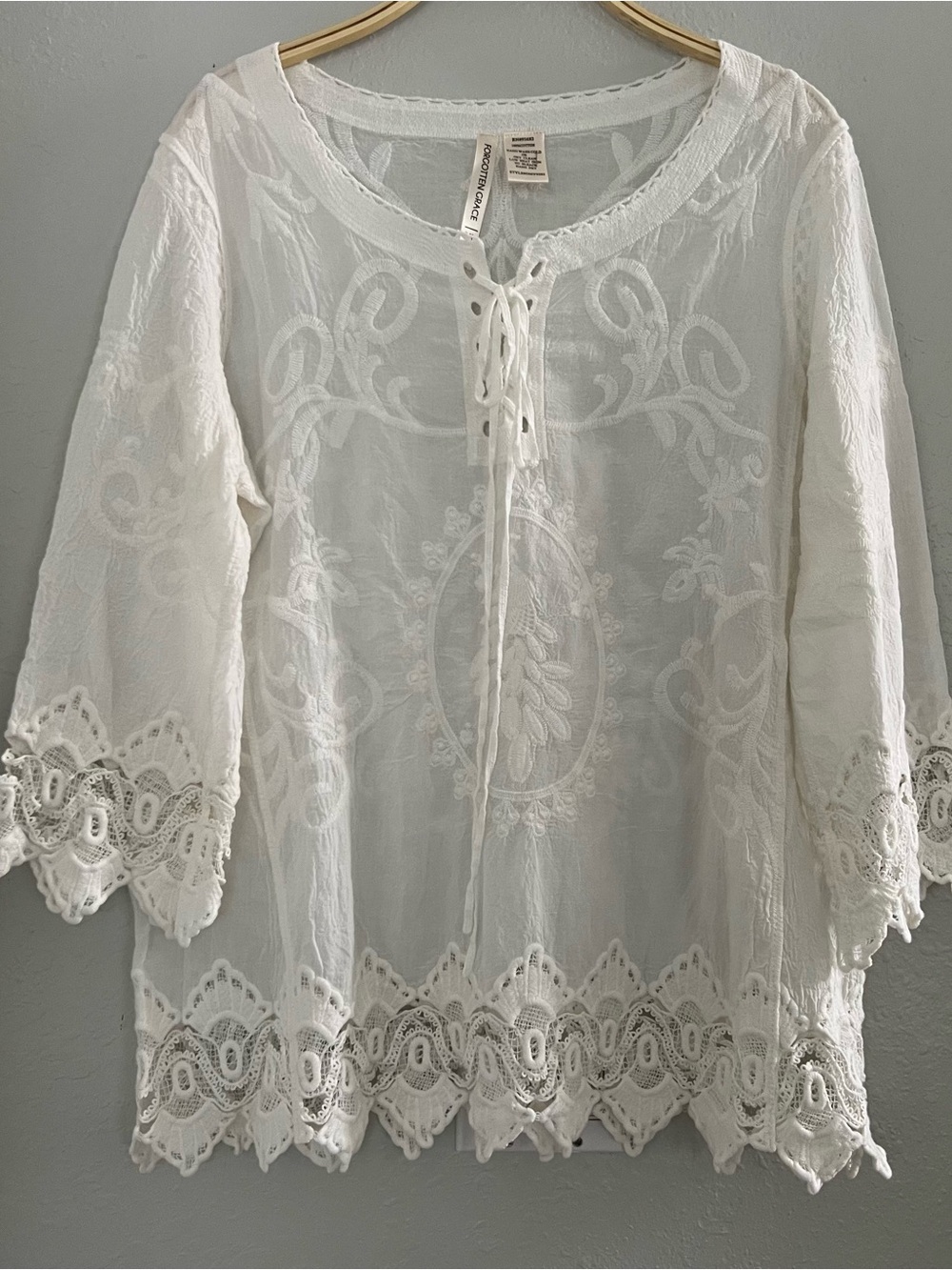 Forgotten Grace bohemian-style peasant Top white blouse Embroidered Lace-Trim XL - Picture 2 of 9